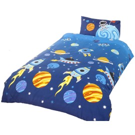Rapport Home Kids Rockets Stars and Space Blue Childrens 2 Piece Duvet Cover Set - Planets and Spaceship Rockets Single Bedding Set
