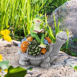 VV-Ladybug Solar Garden Outdoor Statue of Turtle Carrying Frog with Succulents and 5 LED Lights - Lawn Decorative Turtle Statue for Patio, Balcony and Yard Decoration - Unique Housewarming Gift