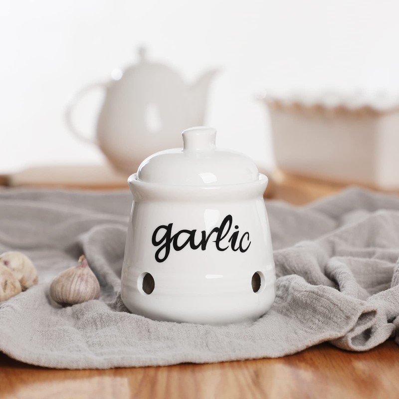 HAOTOP Garlic Keeper with Lid, Ceramic Mini Garlic Saver Container