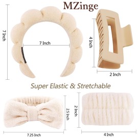 5 Pcs Spa Headbands for Wash Face, Makeup Headband, Facial Skincare Headbands, Puffy Sponge Spa Headband Bow Tie Hair Band Hair Clips Wristband Set Women Girls (khaki)