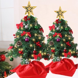 Juegoal 2 Pack Mini Christmas Tree Set 24 Inch / 2 FT, Table Top Artificial Christmas Trees with 50 LED Lights, Xmas Ornaments and Red Berries, Best DIY Christmas Decorations