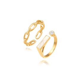 Aobei Pearl 18K Gold Stackable Ring Set Mother of Pearl Signet Ring 2PC Open Ring of Chain Link and Cubic Zirconia