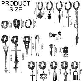 28 Piece Black Cross Dangle Earrings, Stainless Steel Long Chain Pierced Hoop Earrings Set, Unisex