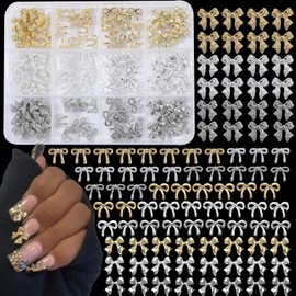 ZUMILLMN 120 Pcs Bow Nail Charms 4 Styles Gold Silver and White Gold Metal Bow Charms for Nails,Nail Art Charms and Y2K Design for Women Girl DIY Jewelry Cellphone Crafts(120Pcs)