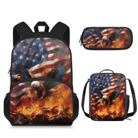 Jekioweii Eagle USA Flag Girls Boys Backpack Set 3 Pieces Independence Day School Bag with Lunch Box and Pencil Case for Student Middle Elementary Bookbag Kids Back to School Supplies