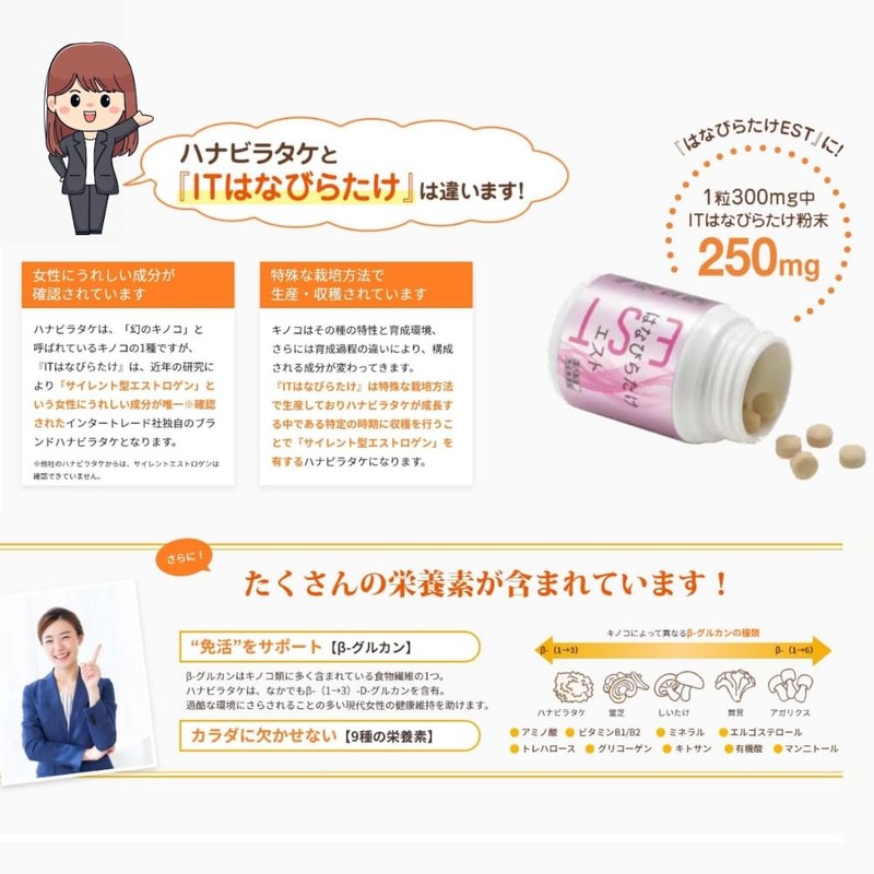 【女性にうれしい栄養成分をギュッと凝縮】はなびらたけEST 300mg×90粒 国内製造 完全無添加