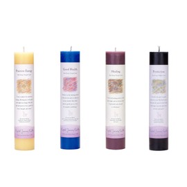 Crystal Journey Reiki Charged Herbal Pillar Candle with Inspirational Labels - Bundle of 4 (Positive Energy, Good Health, Healing, Protection) Each 7"x1.5" Handcrafted with Lead-Free Materials