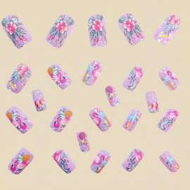 24 Pcs Purple Square Press on Nails Medium Length Fake Nails Flower False Nails Glossy Acrylic Nails with Flamingo Palm Pineapple Designs Full Cover Floral Stick on Nails for Women Nail Art DIY