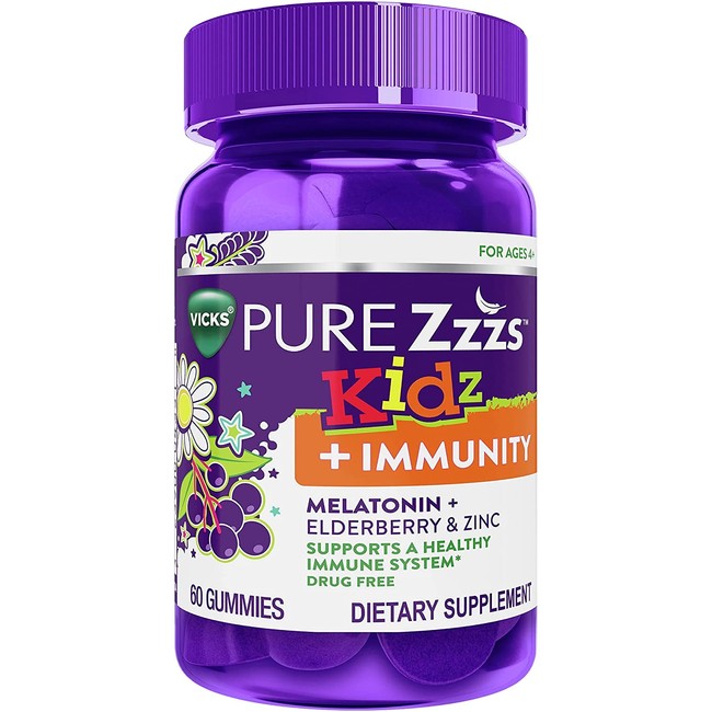Vicks Pure Zzzs Kidz + Immunity, Melatonin Sleep Aid Gummies for Kids and Children, Elderberry, Zinc, Lavender, Valerian Root and Chamomile, Natural Berry Flavor, 60 Count
