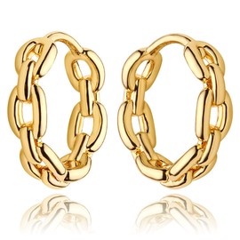 DREMMY STUDIOS Dainty Gold Chain Huggie Hoop Earrings 14K Gold Filled Simple Cute Thick Geometry Huggie Earrings Chain Hoop Earrings Minimalist