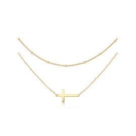 Zysta Small Cross Crucifix Necklace 14k Gold Plated Double Layered Choker Adjustable Simple Pendant Necklaces Dainty Jewelry Chain for Women Gift (Horizontal Cross)