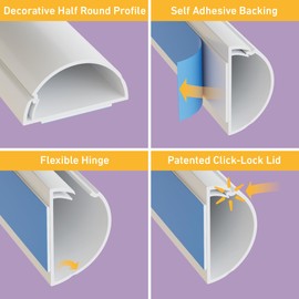 D-Line TV Wire Hider, Half Round Cord Cover for Wall Mount TV, Hinged One-Piece Raceway, Paintable, Self-Adhesive Cable Management - 2" (W) x 1" (H) x 18" Length - White