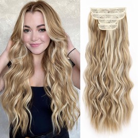 JIAMEISI Clip in Hair Extensions 4PCS Full Head Long Wavy Hair Extensions Synthetic Fiber 22 Inch 200g Clip in Thick Hairpieces for Women/Girls (#24/613 Light Ash Brown Mixed Bleach Blonde)