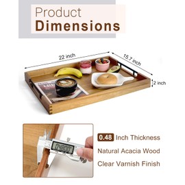 OurMiao 22 Inches Acacia Wood Serving Tray with Metal Handles, Large Wooden Rectangle Ottoman Tray, Decorative and Durable Design for Living Room Coffee Table Couch Kitchen