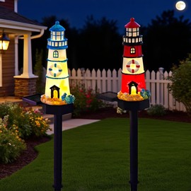 YZYOE 2 Packs of Solar Powered red and Blue Lighthouse Floor Lamps, Garden Decorative Resin Cute Lighthouse Lamps,Wireless Dusk to Dawn LED Lights Waterproof.