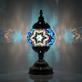 GOGERS Turkish Moroccan Table Lamp Lantern with Handmade Mosaic Glass Lampshade Tiffany Style Bohemian Stained Glass Decorative Desk Lamps Bedside Night Lights for Bedroom (Blue White)