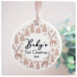 Baby's 1st Christmas 2024 Xmas Tree Decoration. Nordic Scandi Reindeer Ceramic Disc Ornament. Classy Christmas Bauble. Son Daughter Neutral
