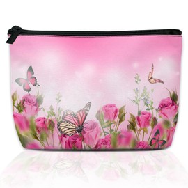 DEMACYA Cute Makeup Bag for Purse, Spring Pink Rose Floral Butterfly Cosmetic Bags for Women Travel Toiletry Bag Funny Zipper Pouch Makeup Bags Gift 9.5×5.9 Inch