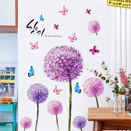 SKTFFR Purple Dandelion Wall Stickers Pink Flower Butterfly Wall Decals DIY Removable Excellent Vinyl Wall Decor for Living Room Daycare Decorations (Size 11.8 x 35.4 inch 2 Sheet)