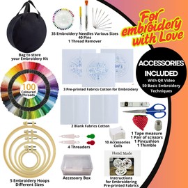 SusggO 207-teiliges Stickerei-Set für Anfänger, mit Videotutorial, Stickerei-Set für Kleidung, 5 Rahmen, bestickte Ringe, Baumwollstoffe, 100 Fäden, 35 Nadeln, Zubehör, Tasche, bestickt, Kreuzstich