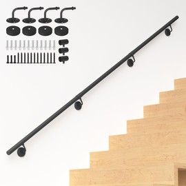 7FT Industrial Metal Stair Handrail,Round Pipe Stair Railing for Indoor/Outdoor Steps,Wall Mount Support Staircase Handrails,440LBS Load Capacity Hand Rails,Safety Grab Bar Porch Stairway Railing