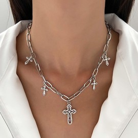 Cimenexe Bohemian Crystal Cross Choker Necklace Silver Cz Cross Religious Pendant Necklace Paperclip Link Chain Necklace Minimalist Rhinestone Cross Dangle Necklace Jewelry for Women and Girls Gifts