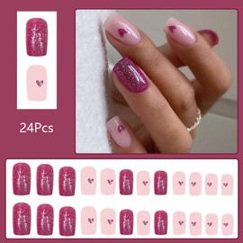 24 Pcs Pink Valentine’s Day Press on Nails Short Square Fake Nails with Glitter Valentine’s Day False Nails with Heart Design Cute Nails Press ons Glue on Nails Full Cover Stick on Nails for Women