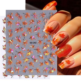 Autumn Maple Leaf Nail Art Stickers Laser Fall Leaf Nail Decals 6PCS Leaf Plant 3D Self-Adhesive Nail Art Supplies Decals Fall Sticker for Nails Holiday Manicure for Women Nail Art Decorations