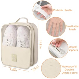 Shoe Bags for Travel Holds 3 Pair of Shoes, Travel Shoe Bag for Packing with 2 Pcs Travel Essentials, Waterproof Shoe Storage Pouch for Travel and Daily Use, Shoe Organizer for Women and Men (Cream)