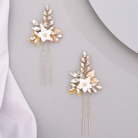 Chargances 2pcs Crystal White Flower Hair Pins Bridal Leaf Rhinestone Hair Pins Fashion Gold Handmade Wedding Hair Accessories for Women Girls Bridesmaids (Gold)