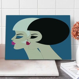 Ambesonne Hair Salon Cutting Board, Retro Style Brunette and Blonde Women with Bob Haircut and Neat Make up Image, Decorative Tempered Glass Cutting and Serving Board, Large Size, Multicolor