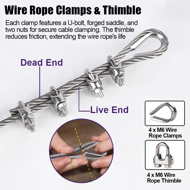 hannger 1/4 Stainless Steel Cable, 25ft Wire Rope with Wire