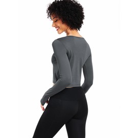 CADMUS Women's Dry Fit Crop Top - Long Sleeve Crew Neck Yoga Running Athletic Tee with Thumb Holes, 2208, 1 Pack, Grey, Medium