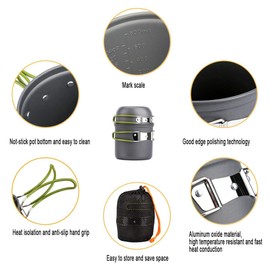 Peidesi Camping Cookware Mess Kit, Portable Camp Stove Pots and Pans Set, Carabiner, Folding Knife, Fork Spoon Kit, Carry Mesh Bag, for Backpacking