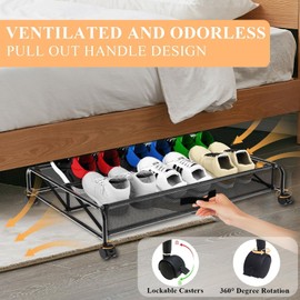 Under Bed Shoe Storage Organizer, Rolling Underbed Metal Drawer Containers Kit with 6 Packs Shoe Bags, Under Bed Storage with Wheels Bedroom Space Saving (1 Pcs)