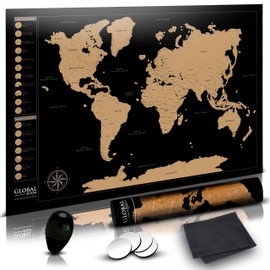 Global Zoom Scratch-Off World Map with US States-Track Travel Routes, Iconic Landmarks and World Wonders -Thick, Laminated Large Poster for Wall (24"x36") - Includes Scratch Tool and Cleaning Cloth
