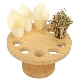 BambooMN 7.25 Inch Bamboo Circle Food Cone Holder Display Tamaki Stand for Buffet, Restaurant, or Catered Events, With Wood Cones and Skewer Picks, 1 Set