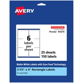Avery Matte White Rectangle Labels, Sure Feed Technology, 3-1/3" x 4", 150 Matte White Printable Labels