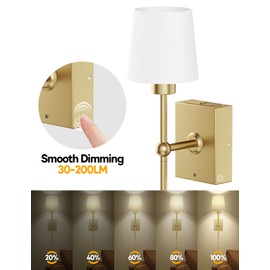 Battery Operated Wall Sconce Set of 2 - Gold Rechargeable 8000mAh Battery Operated Wall Lights with Remote, Dimmable Wireless Wall Lamp Bulbs for Bedroom Hallway Living Room Decor