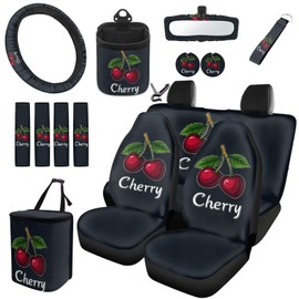 HUISEFOR Cherry Car Interior Seat Covers 15 Pcs Easy to Install Auto Accessories with Seat Belt Cover, Steering Wheel Cover, Cup Holder, Key Chain, Car Decor Gift for Holiday