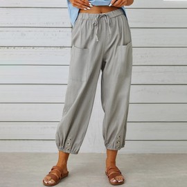 Womens Casual Capri Pants Elastic Waist Drawstring Summer Lounge Baggy Trousers Cinch Bottom Lantern Ankle Pants with Pockets