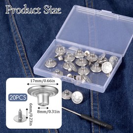 20 PCS Replacement Jean Buttons No Sew 17 mm Buttons for Jeans Silver Tack Button Adjustable No Sewing Button with Threads Rivets and Screwdriver