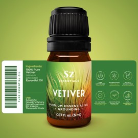 Sz Essentials - Vetiver Essential Oil - 100% Pure, Premium & Natural - Undiluted - Sweet, Earthy, Woody and Grassy Scent with Smoky grounding undertones- Therapeutic Grade & Vegan - 0.17 fl oz. (5 ml)