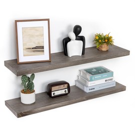 Fun Memories Floating Shelves for Wall, 36"x9.3" Rustic Solid Elm Wood Shelves, Heavy-Duty Wall Mounted Shelves with Invisible Brackets, Set of 2 for Living Room, Bedroom, Kitchen, Grey Finish