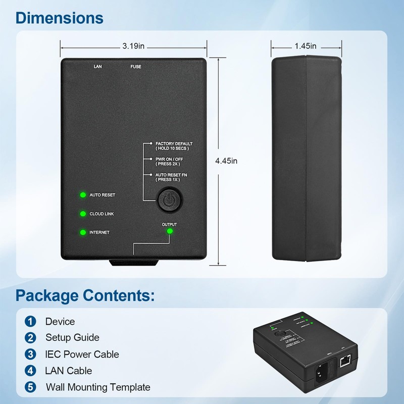 ezOutlet5 IP Enabled Remote Power, Ping Auto Reboot, Single Outlet,