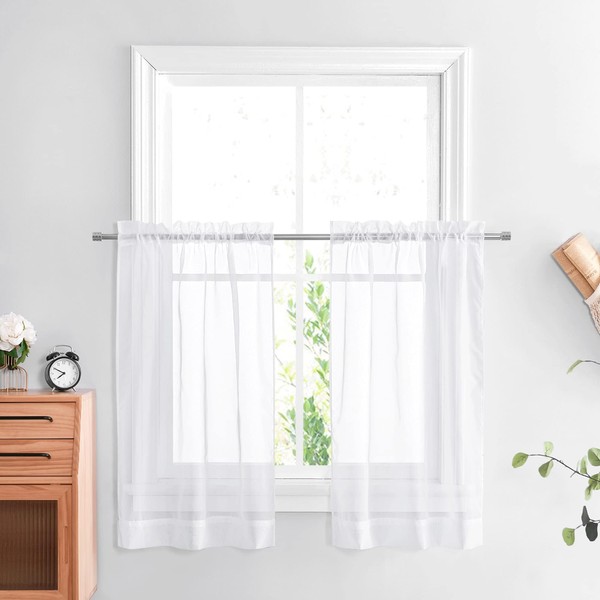 NICETOWN Kitchen Short Curtain Tier - Rod Pocket Small Curtains Voile for Cafe/Basement, Casual Style Window Decor (29-inch x 30-inch, White, Set of 2)
