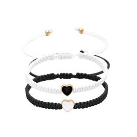 Set of 2 Colorful Heart Beaded Matching Bracelets for Couples and Friendships Pinky Promise Heart Braided Leather Rope Bangle Wrist Adjustable Bracelets Valentines Gifts- White & Black