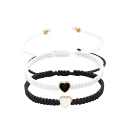 Set of 2 Colorful Heart Beaded Matching Bracelets for Couples and Friendships Pinky Promise Heart Braided Leather Rope Bangle Wrist Adjustable Bracelets Valentines Gifts- White & Black