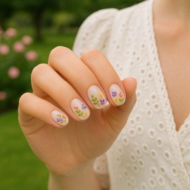 24PCS Colorful Flower Press on Nails with Glue – Short Fake Nails for Women, Trendy Floral Design, 12 Sizes, ABS Material, Gift Box Included