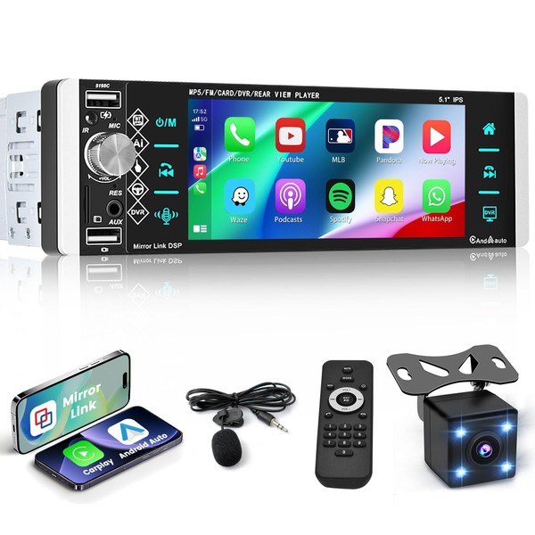 Hikity Single Din Car Stereo with Carplay Android Auto, 5.1